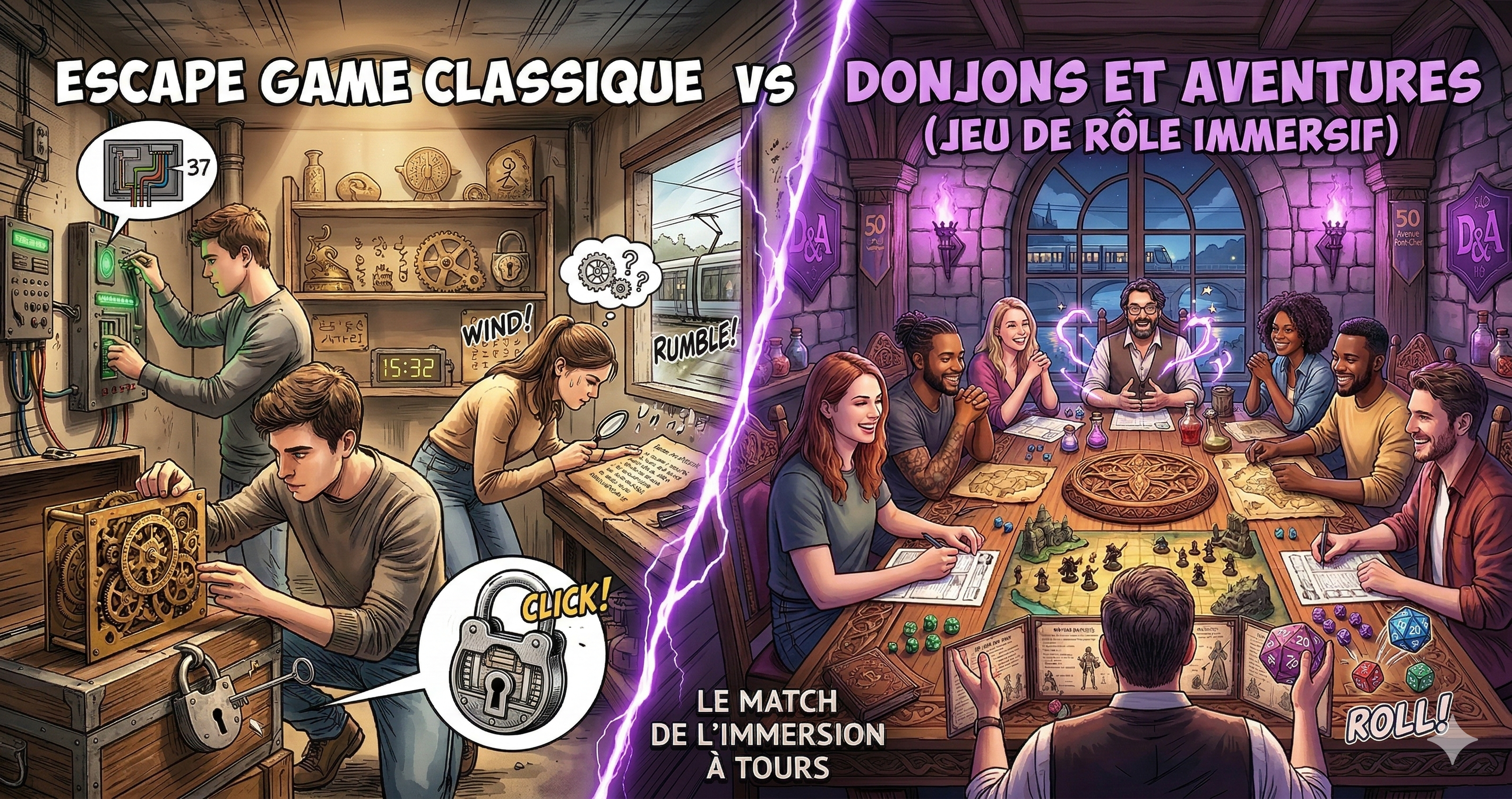 Illustration style BD compare l'Escape Game classique (fouille, cadenas) à l'aventure immersive Donjons & Aventures à Tours (jeu de rôle, Maître du jeu, interaction)