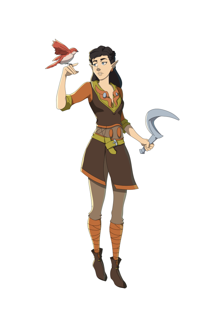 Bastiane, elfe druidesse avec un petit oiseau rouge sur la main et une faucille, personnage de Donjons & Aventures.
