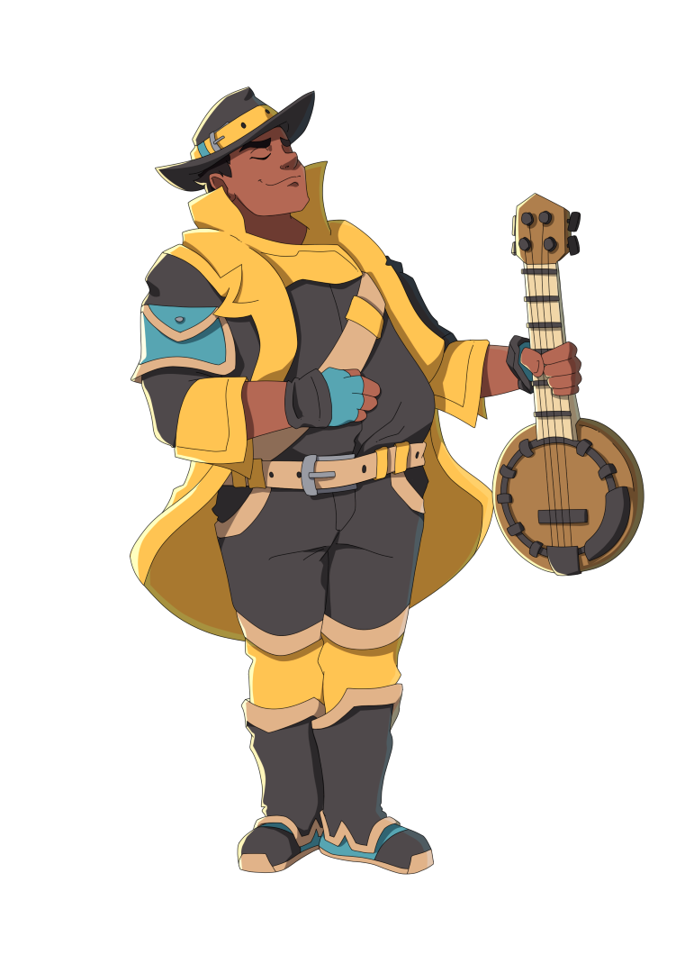 Gavrok, barde musicien avec son banjo et son chapeau jaune - Personnage officiel de Donjons & Aventures.