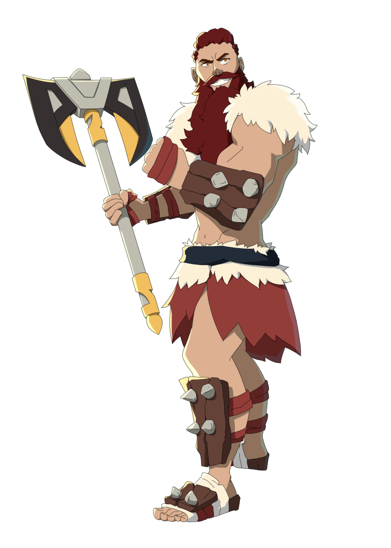 Kardas, guerrier barbare à barbe rousse tenant une grande hache de combat - Personnage de Donjons & Aventures.