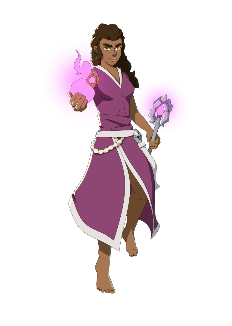 Myrka, sorcière en robe violette manipulant une flamme magique et un sceptre - Personnage de Donjons & Aventures.