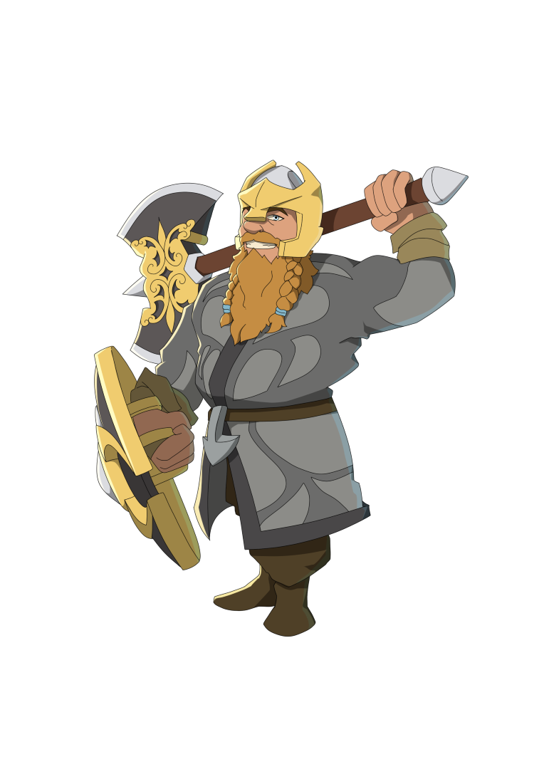 Rozgrim, nain guerrier avec casque à cornes, bouclier et hache dorée - Personnage de Donjons & Aventures.