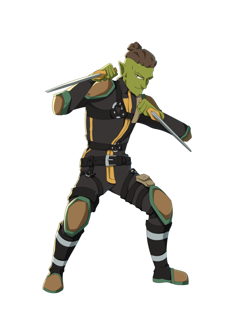 Stringer, gobelin à peau verte en tenue d'espion tenant deux dagues en pose de combat - Personnage de Donjons & Aventures.