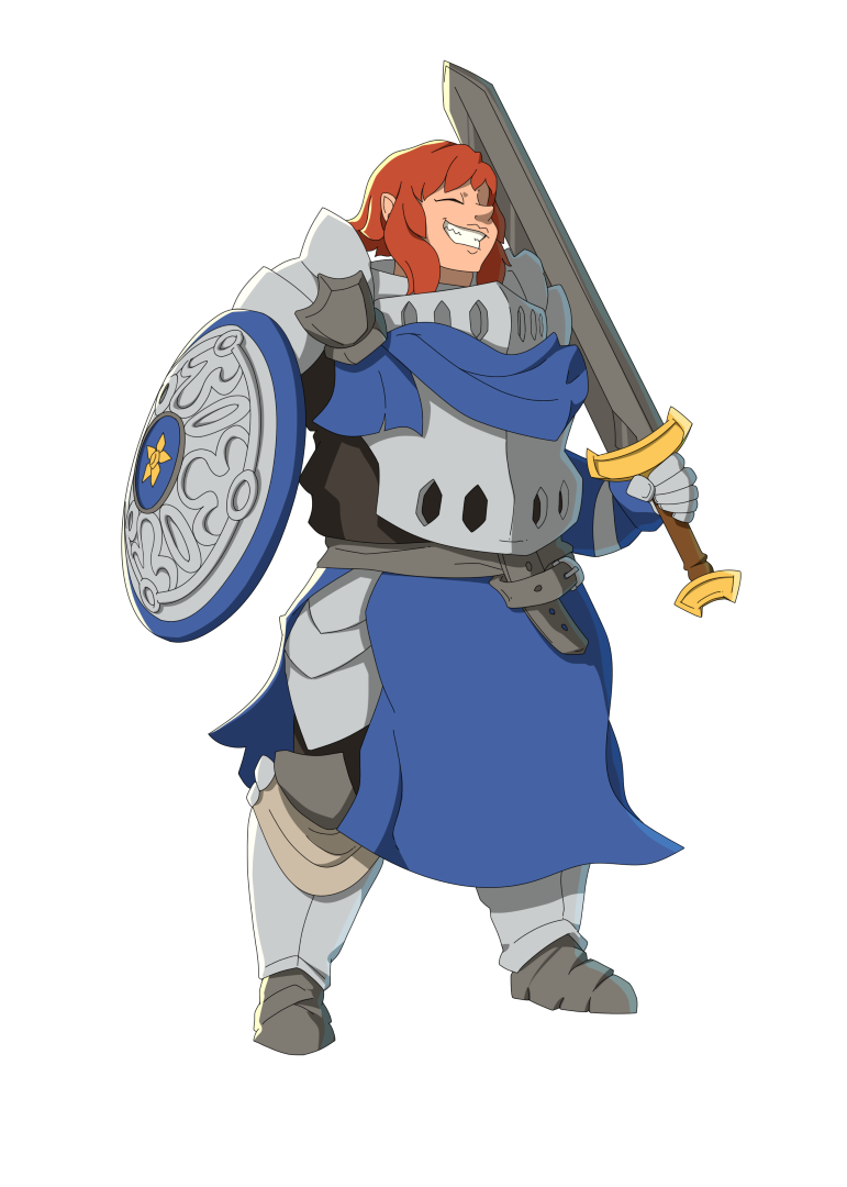 Illustration de Valoria, guerrière souriante en armure bleue, personnage emblématique de Donjons & Aventures.